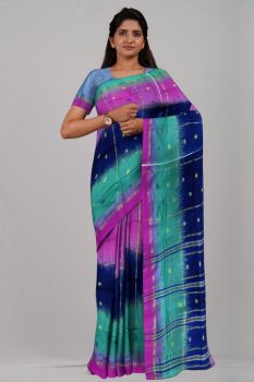 Blue Pink Sky Blue Butta Ikkat Silk & Cotton Handloom Saree