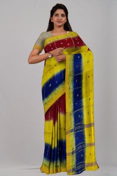 Red Yellow Blue Butta Ikkat Silk & Cotton Saree
