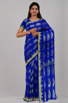 Blue Flower Pure Taat Silk Handloom Saree
