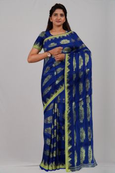 Royal Blue Flower Pure Taat Silk Handloom Saree
