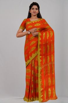 Orange Flower Pure Taat Silk Handloom Saree