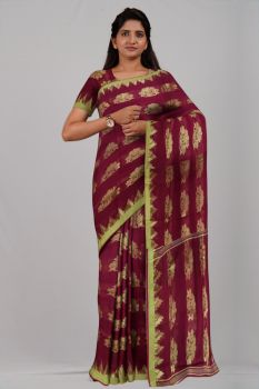 Maroon Flower Pure Taat Silk Handloom Saree