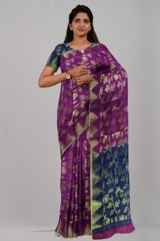 Royal Blue Purple Leaf Jamdani Pure Silk Handloom Saree