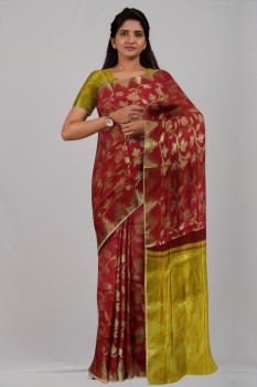 Yellow Maroon Leaf Jamdani Pure Silk Handloom Saree