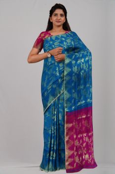 Pink Royal Blue Leaf Jamdani Pure Silk Handloom Saree