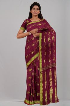Maroon Leaf Pure Taat Silk Handloom Saree