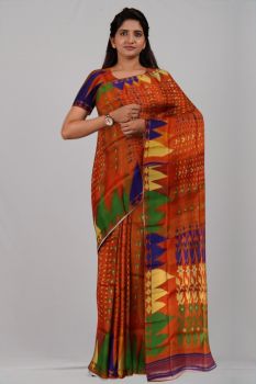 Orange Blue Green Cream Leaf Resome Cotton Handloom Saree