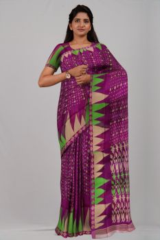 Purple Green White Leaf Resome Cotton Handloom Saree