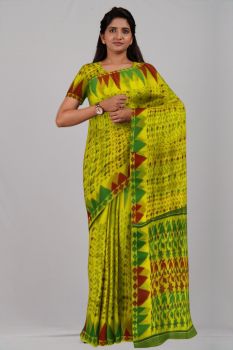 Yellow Green Red Leaf Resome Cotton Handloom Saree