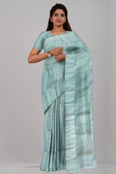 Mint Blue White Leaf Resome Cotton Handloom Saree