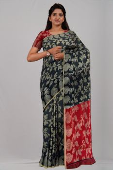 Red Black Flower Jamdani Silk & Cotton Handloom Saree