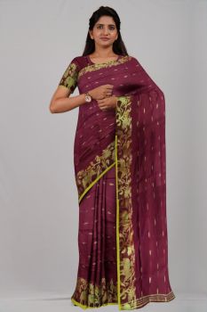 Maroon Peacock & Elephant Silk Handloom Saree
