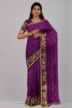 Purple Peacock & Elephant Silk Handloom Saree