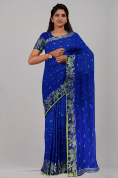Blue Peacock & Elephant Silk Handloom Saree