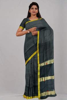 Black Pompom Silk Par Zari Handloom Saree
