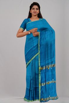 Blue Pompom Silk Par Zari Handloom Saree