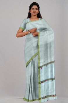 White Pompom Silk Par Zari Handloom Saree