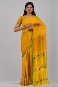 Yellow Pompom Silk Par Zari Handloom Saree