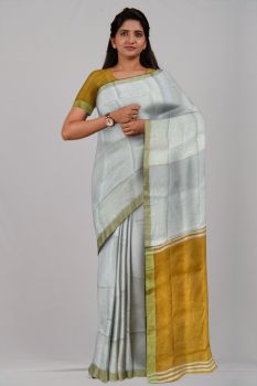 Yellow White Plain Silk & Cotton Par Zari Handloom Saree