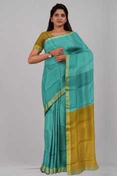 Yellow Plain Sky Blue Silk & Cotton Par Zari Handloom Saree