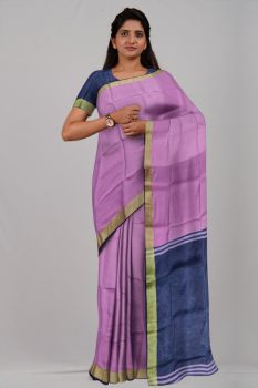 Blue Pink Plain Silk & Cotton Par Zari Handloom Saree