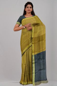Black Yellow Plain Silk & Cotton Par Zari Handloom Saree