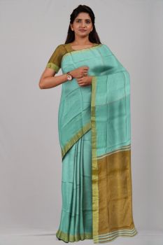 Yellow Sea Blue Plain Silk & Cotton Par Zari Handloom Saree