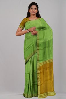 Light Green Yellow Plain Silk & Cotton Par Zari Handloom Saree
