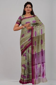 Pink Cream Flower & Temple Garad Silk Handloom Saree