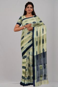 Blue Cream Flower & Temple Garad Silk Handloom Saree
