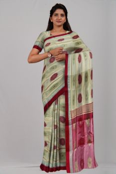Red Cream Flower & Temple Garad Silk Handloom Saree