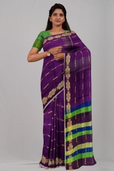 Purple Green Flower Silk Handloom Saree