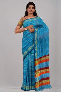 Sky Blue Red Flower Silk Handloom Saree