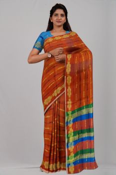 Orange Sky Blue Flower Silk Handloom Saree