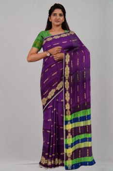 Purple Green Flower Silk Handloom Saree