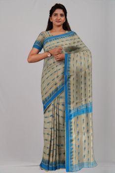 Cream Blue Temple butta Silk & Cotton Handloom Saree