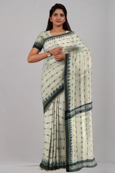 Cream Black Temple butta Silk & Cotton Handloom Saree