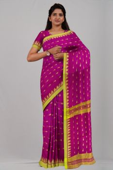 Pink Yellow Temple butta Silk & Cotton Handloom Saree
