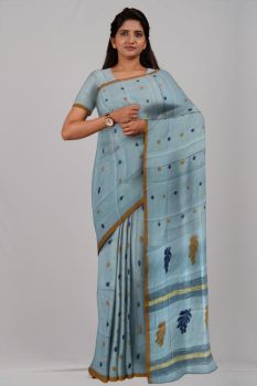 Sky Blue Flower Silk & Cotton Handloom Saree