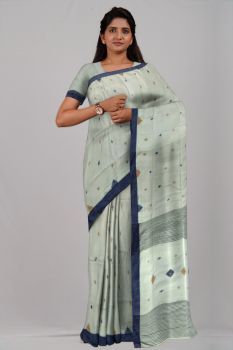 White Blue Barfi Cotton Handloom Saree