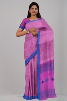 Pink Blue Barfi Cotton Handloom Saree