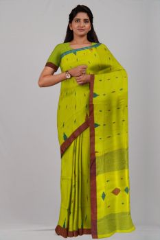 Yellow Red Blue Barfi Cotton Handloom Saree