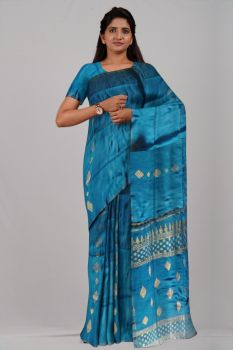 Teal Blue Butta Design Pure Handloom Organic Linen Saree