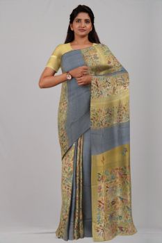 Yellow Pure Handloom Bird Design Katha Stitch Saree From Bengal