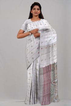Off White Pure Handloom Katha Stitch Saree From Bengal