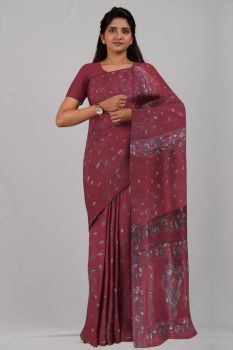 Red Pure Handloom Kantha Stitch Saree From Bengal