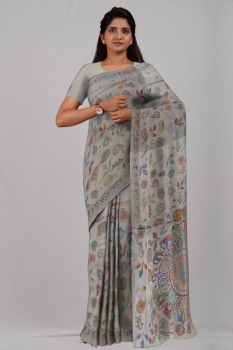 Off White Pure Handloom Kantha Stitch Saree From Bengal