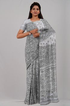 Off White Pure Handloom Kantha Stitch Saree From Bengal