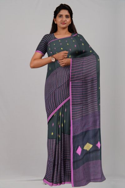 Black Half Check Silk & Cotton Handloom Saree