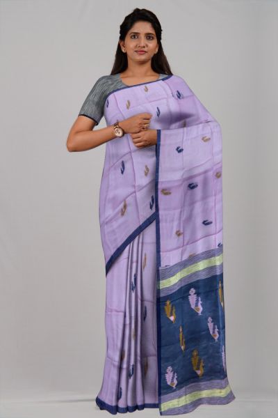 Baby Pink Indigo Blue Peacock Silk & Cotton Handloom Saree